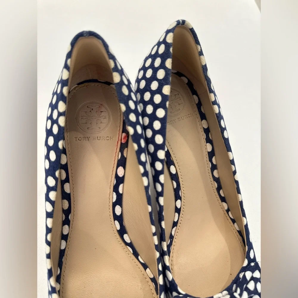Tory Burch Dory 85MM Peep Toe Espadrille-Polka Dot Canvas, Size 7.5, GENTLY WORN